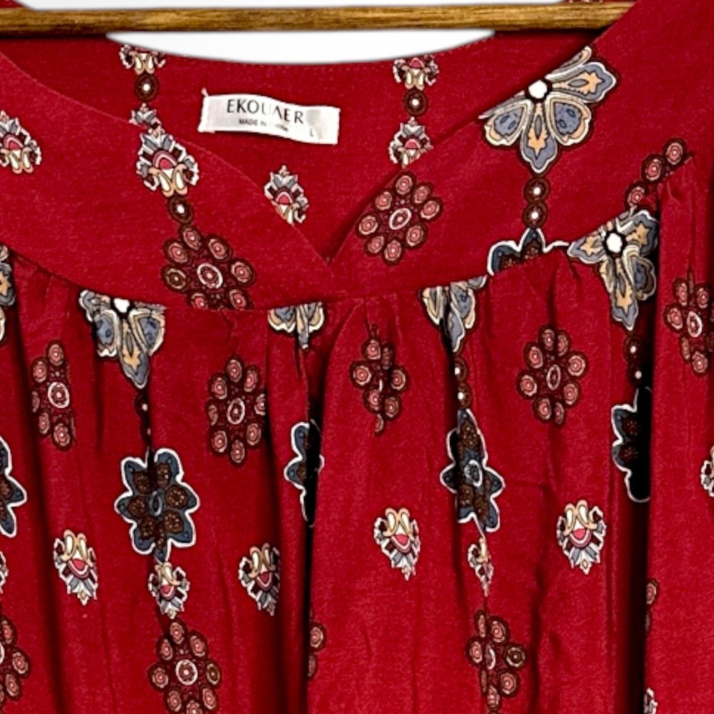 Ekouaer Womens Muu Muu House Dress Maroon Boho Floral Mandala Print Pockets Lg - Picture 9 of 11